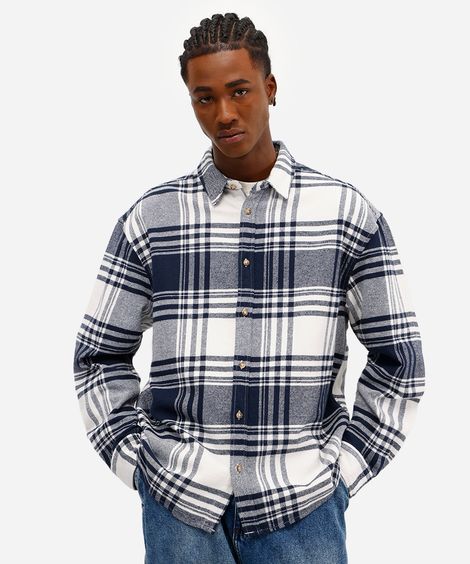 camisa masculina de algodão manga longa xadrez azul