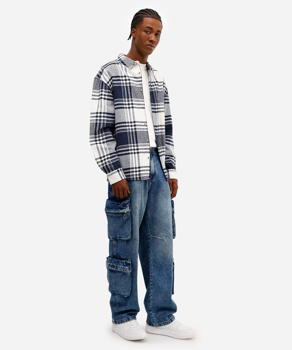 camisa masculina de algodão manga longa xadrez azul