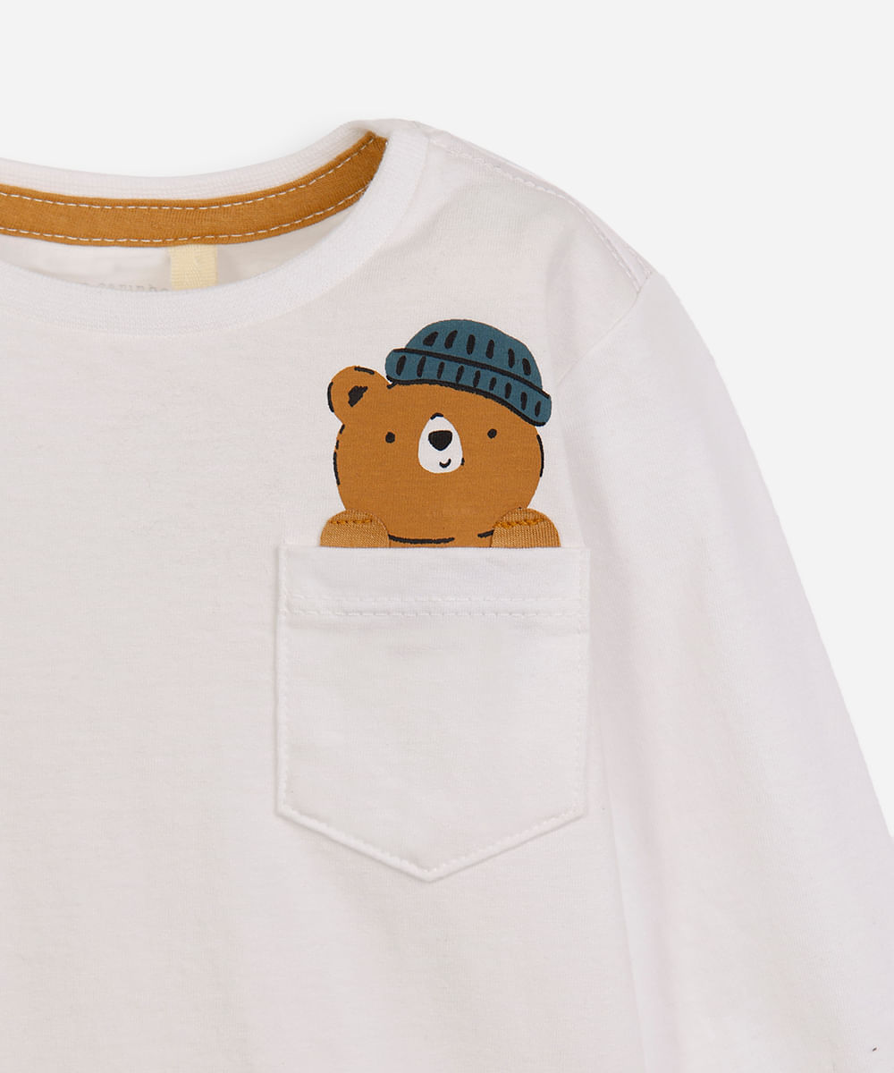 camiseta infantil de algodão urso off white