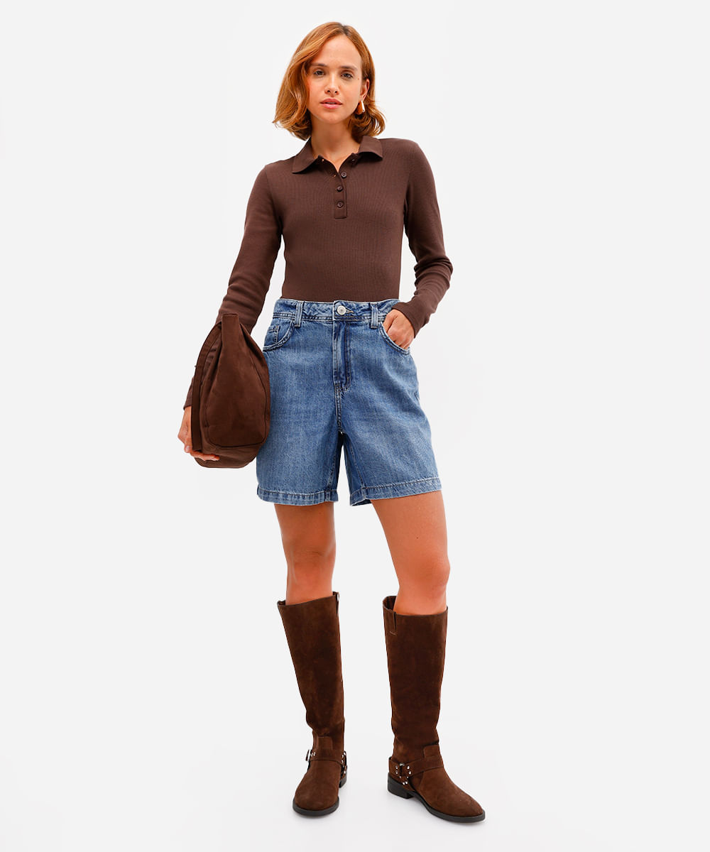 bermuda feminina jeans cintura média azul