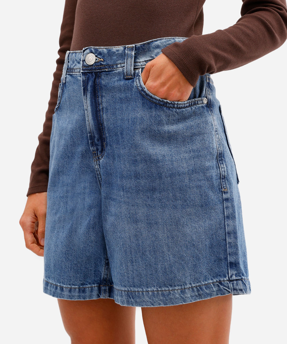 bermuda feminina jeans cintura média azul