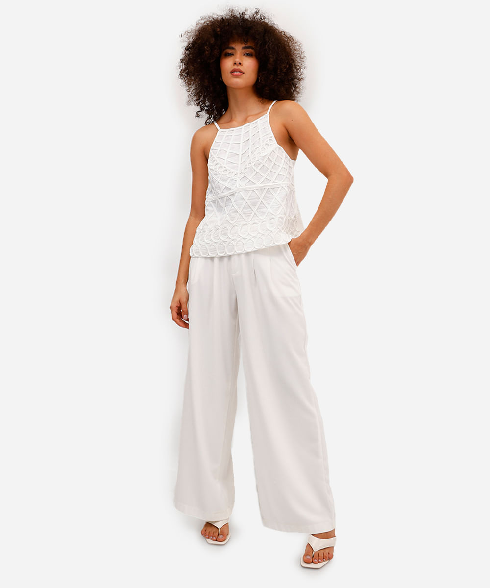 blusa feminina alça fina bordada texturizada off white