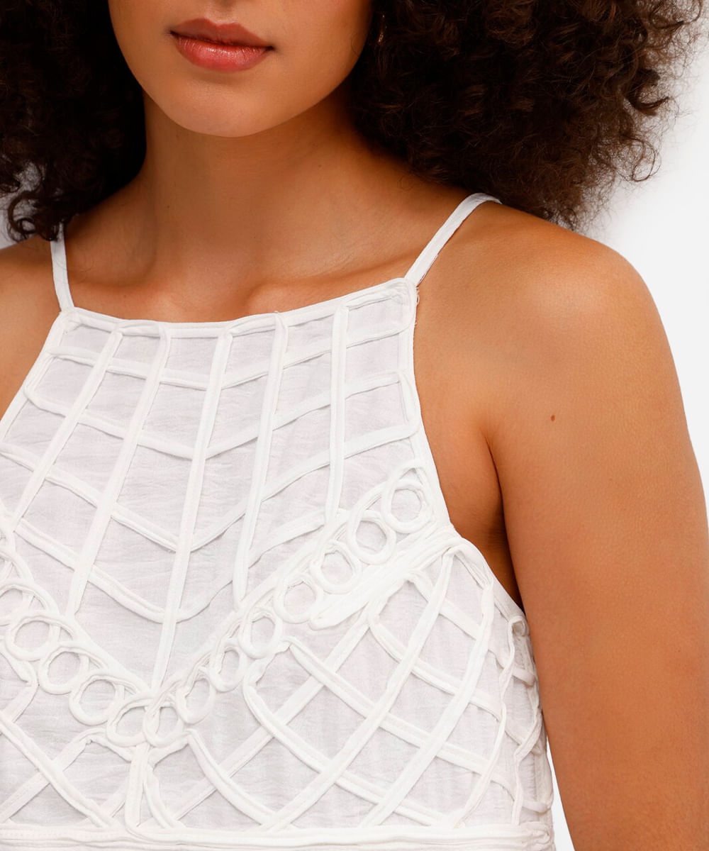 blusa feminina alça fina bordada texturizada off white