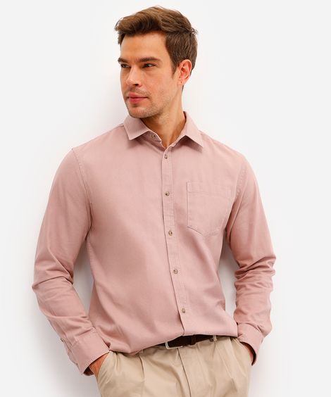 camisa comfort masculina de sarja manga longa rosa