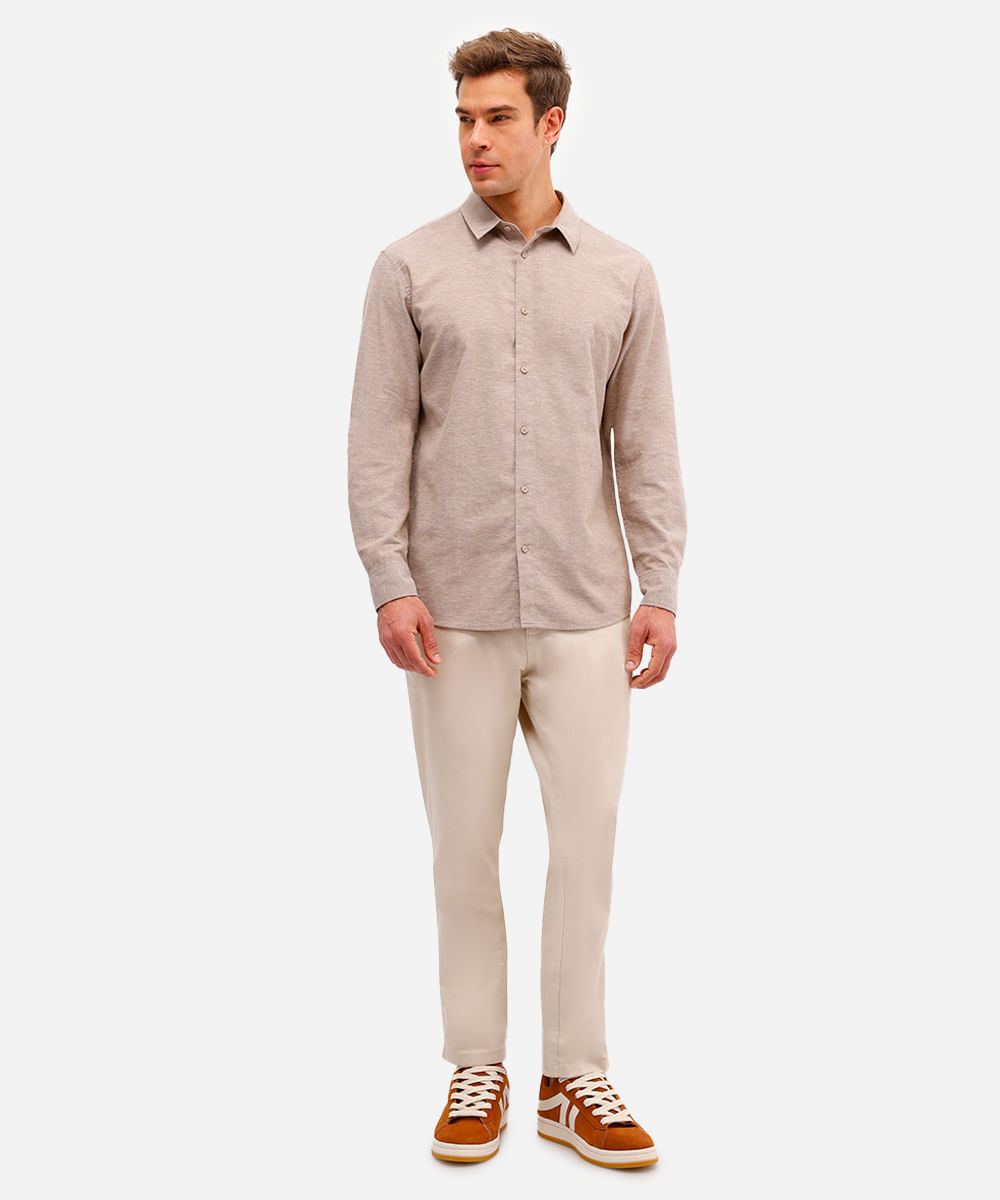 camisa de linho e algodão manga longa verde médio - kaki escuro