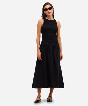 vestido midi de algodão franzido preto