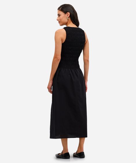 vestido midi de algodão franzido preto