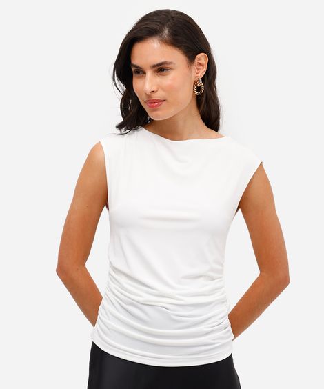 blusa feminina decote redondo franzida off white