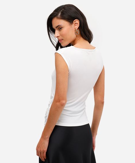 blusa feminina decote redondo franzida off white