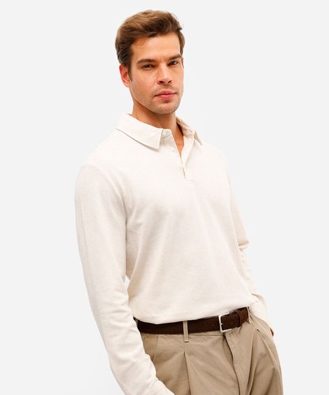 polo masculina de algodão manga longa texturizada off white
