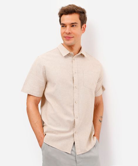 camisa comfort com linho manga curta bege