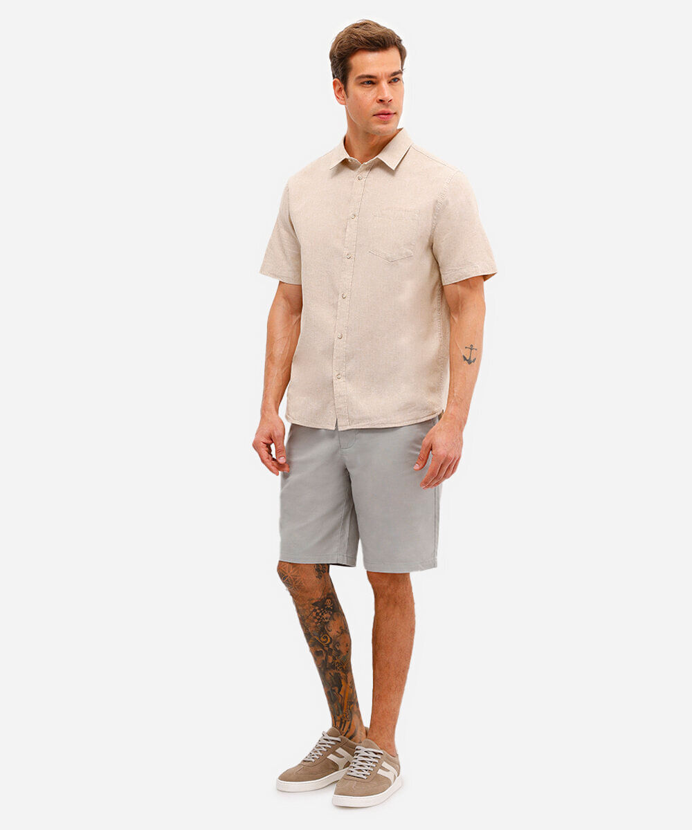 camisa comfort com linho manga curta bege