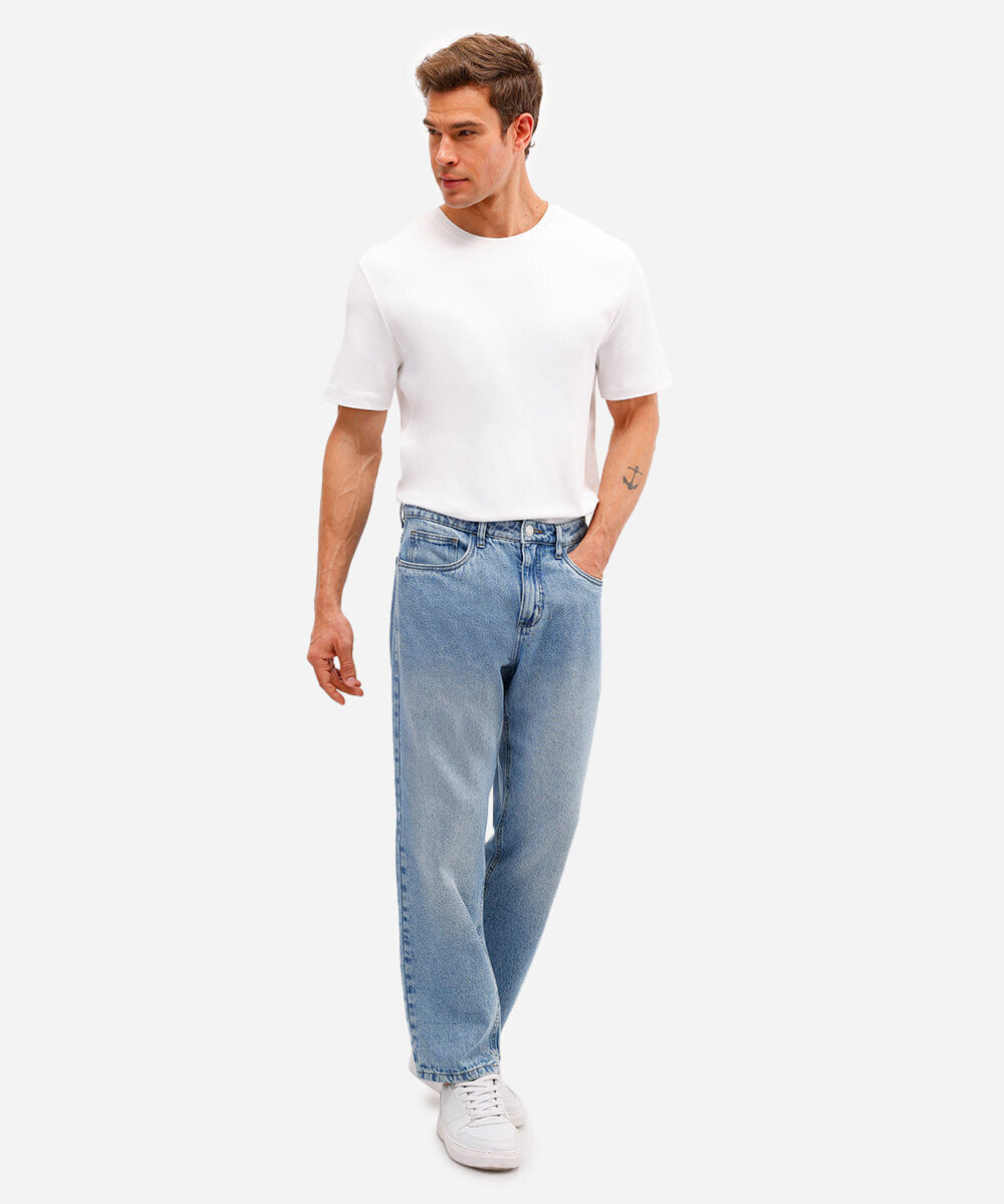 calça reta masculina jeans azul