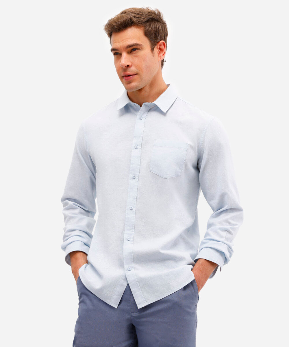 camisa comfort com linho manga longa azul