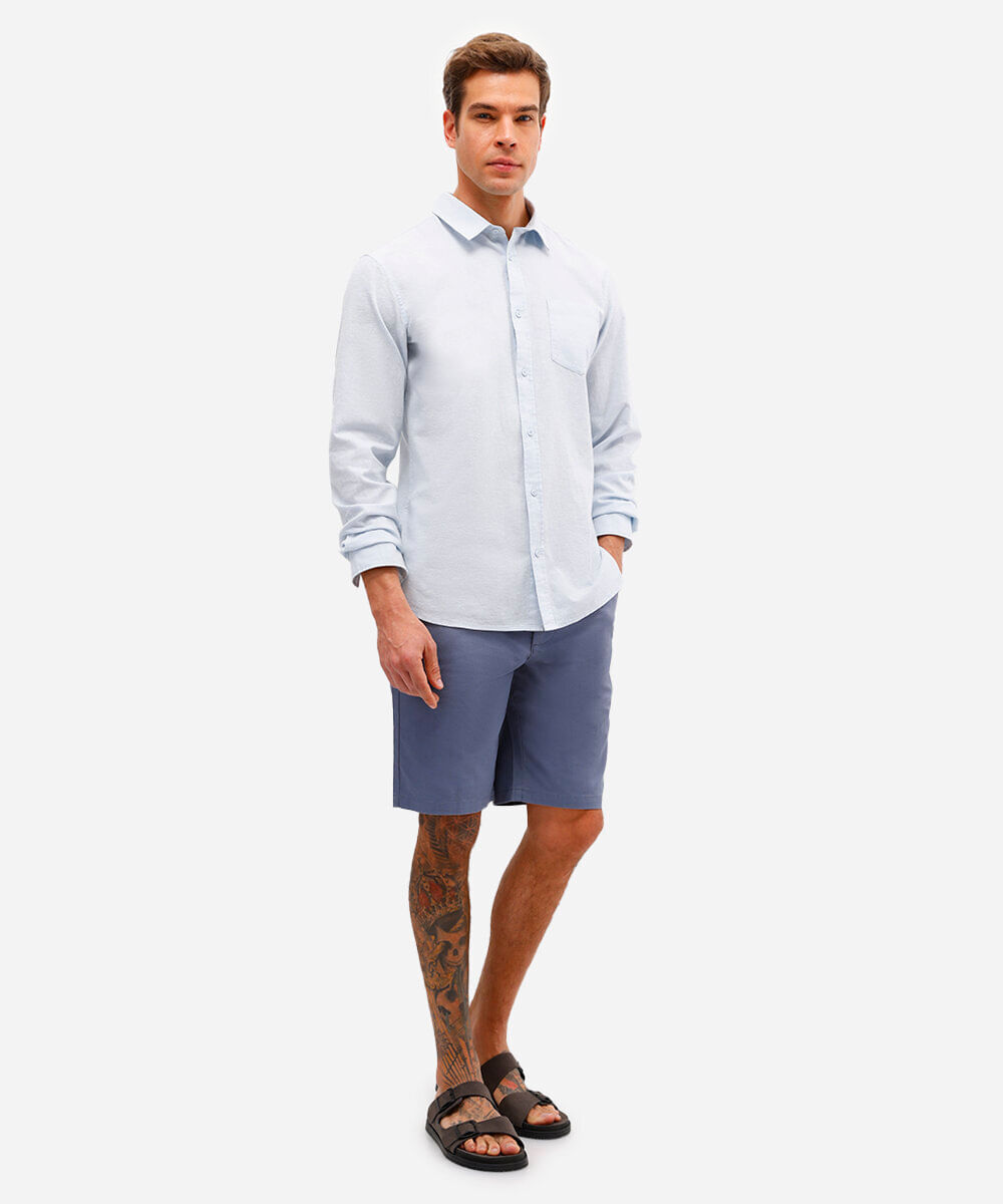 camisa comfort com linho manga longa azul