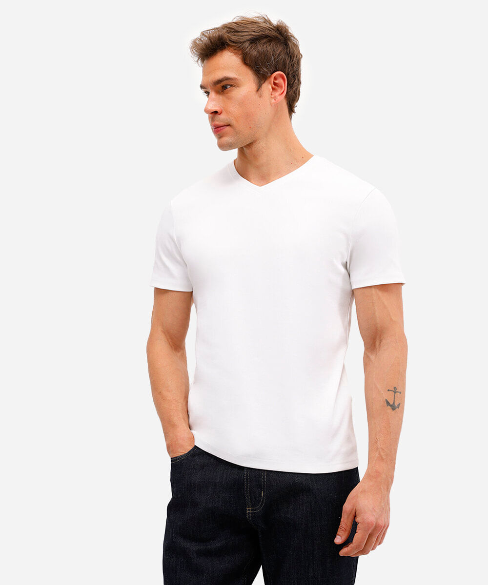 camiseta básica masculina de algodão peruano bold gola v branca