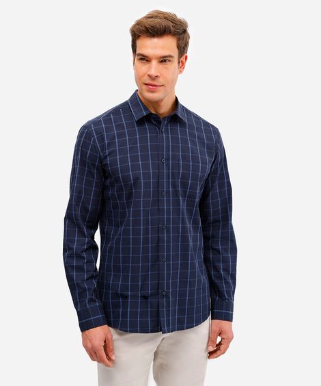 camisa manga longa quadriculada - azul marinho