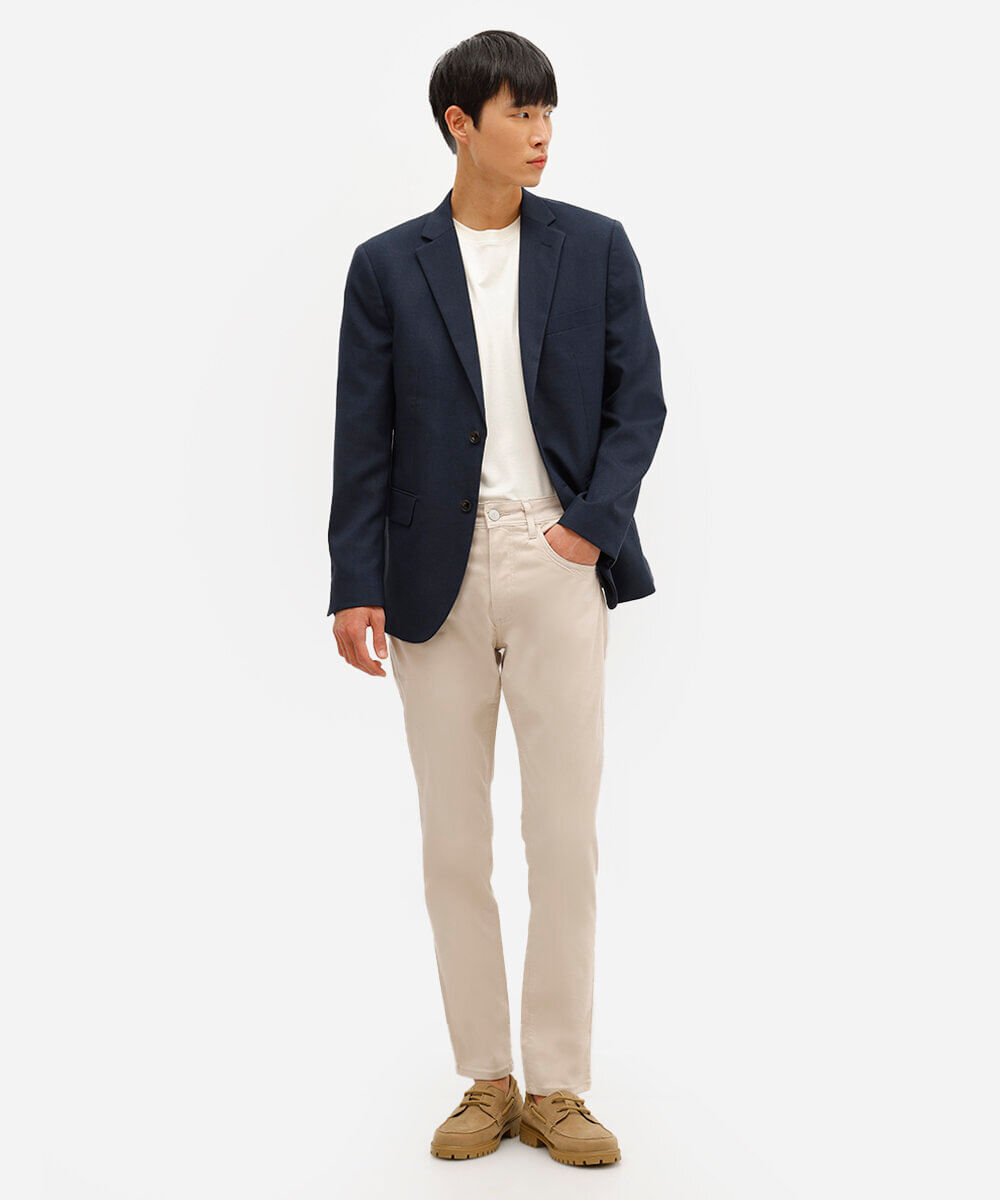 calça slim comfort masculina de sarja bege