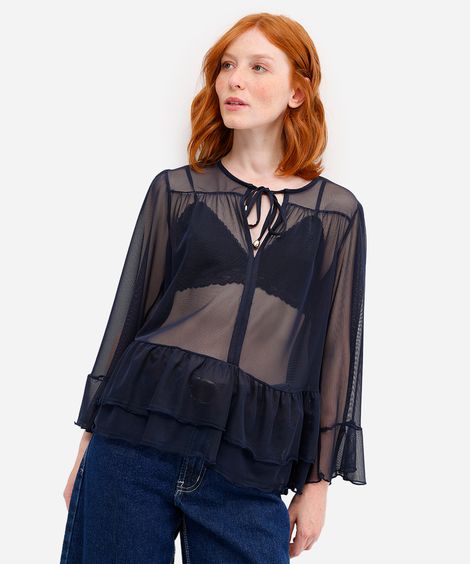 bata feminina de tule com babados azul