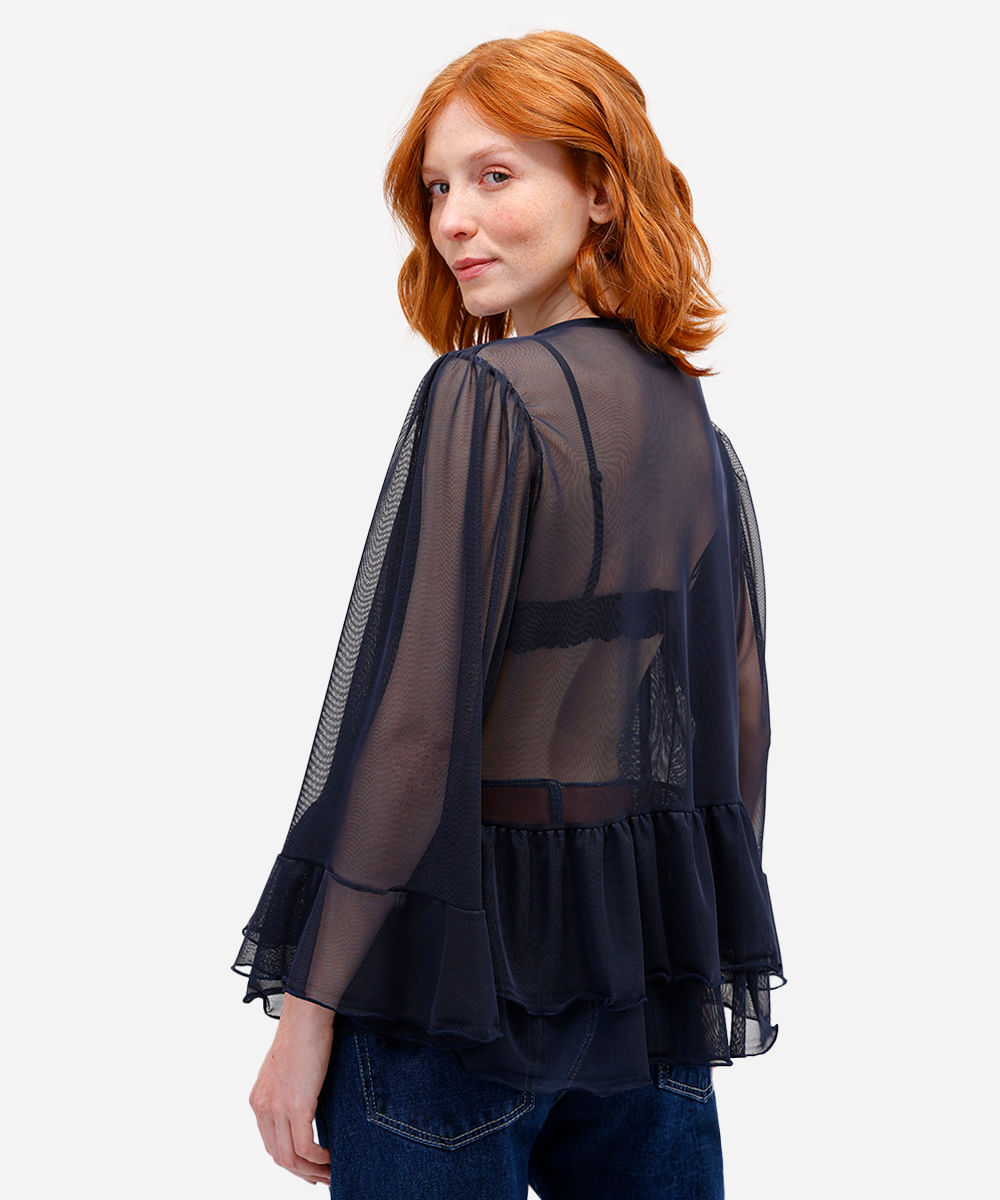 bata feminina de tule com babados azul