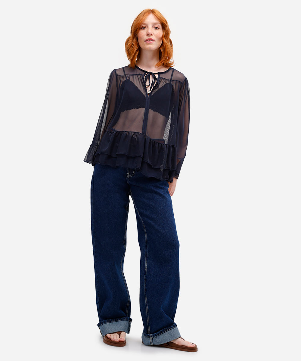 bata feminina de tule com babados azul