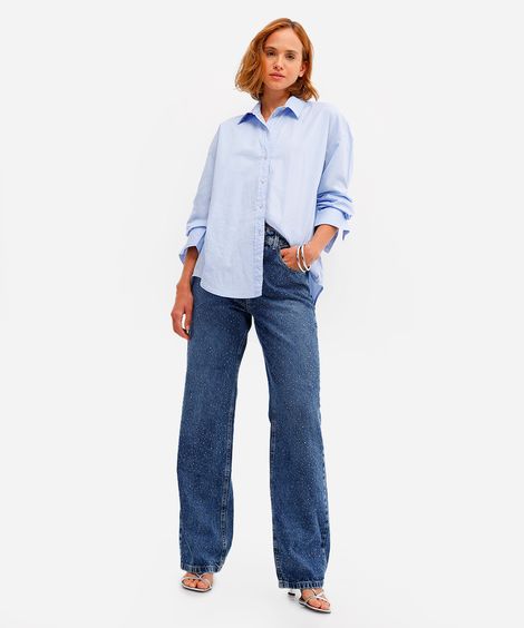calça wide leg feminina jeans com brilhos azul