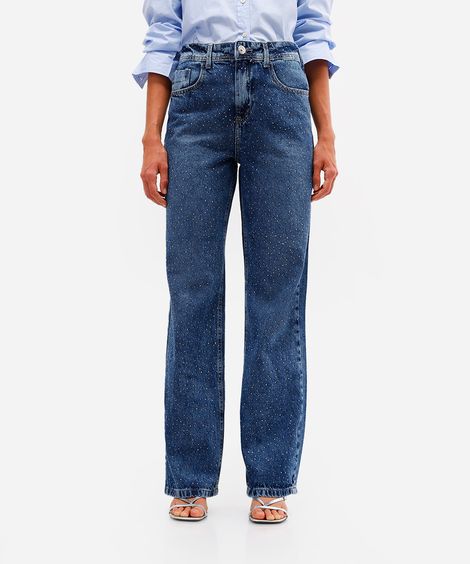 calça wide leg feminina jeans com brilhos azul