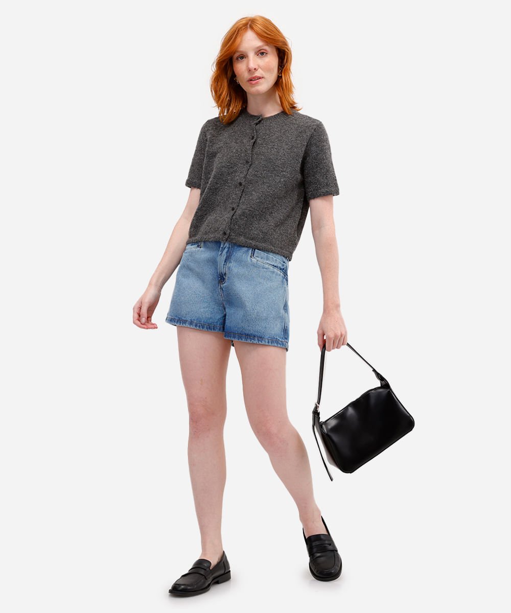 short feminino jeans cintura alta azul