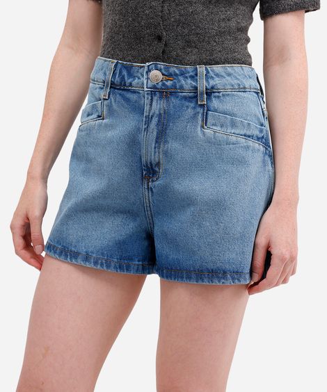 short feminino jeans cintura alta azul