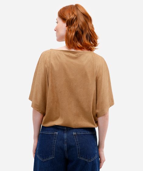 blusa feminina de suede decote v com aviamento marrom