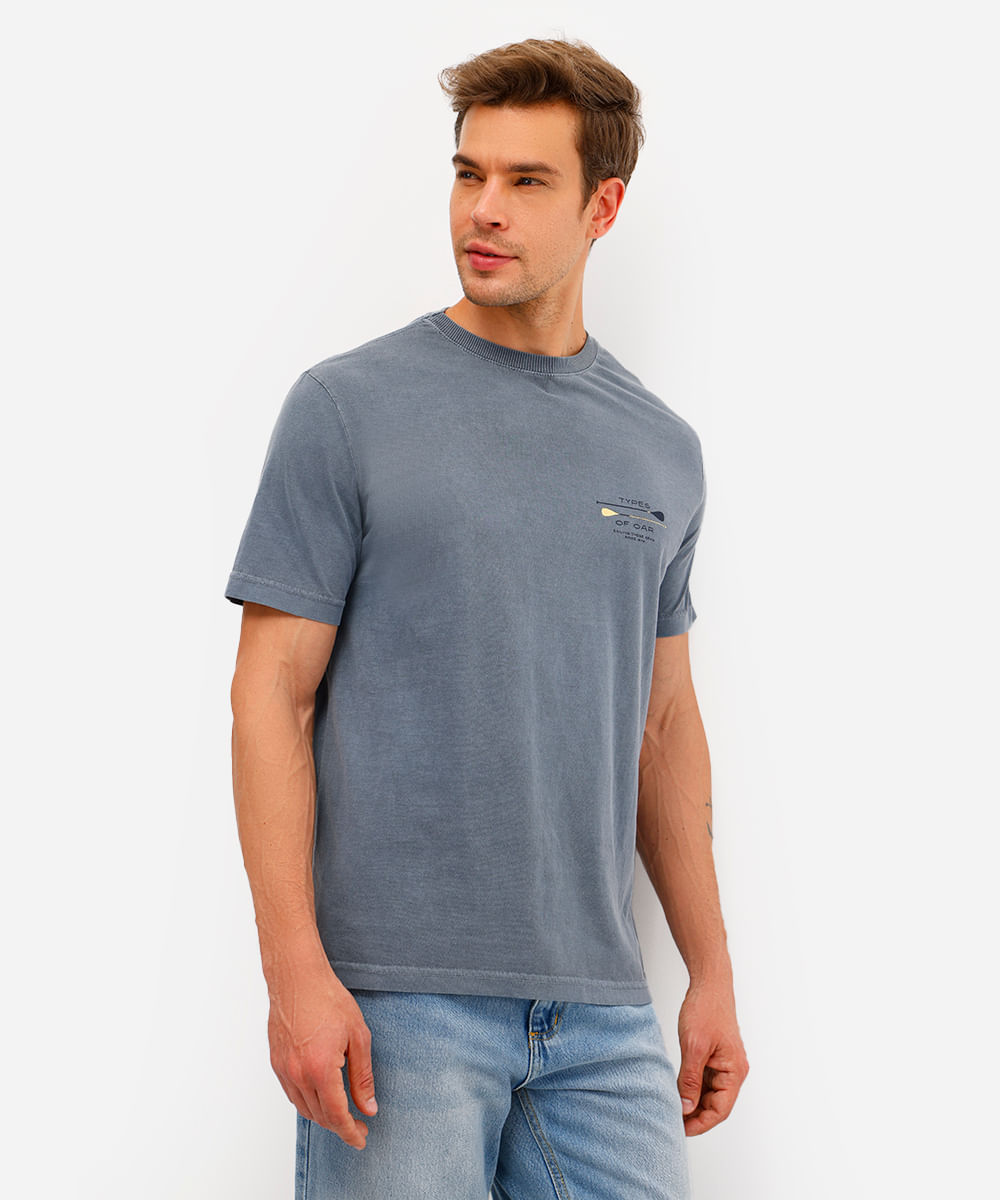 camiseta masculina de algodão estampada estonada azul