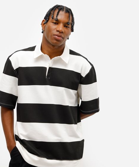 polo masculina de moletom sem felpa listrada off white