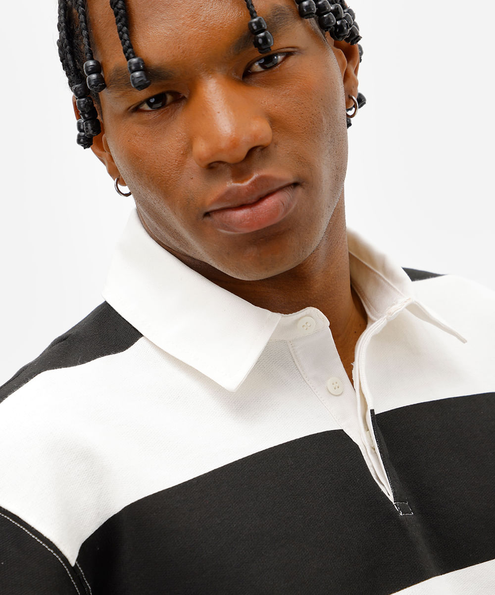polo masculina de moletom sem felpa listrada off white