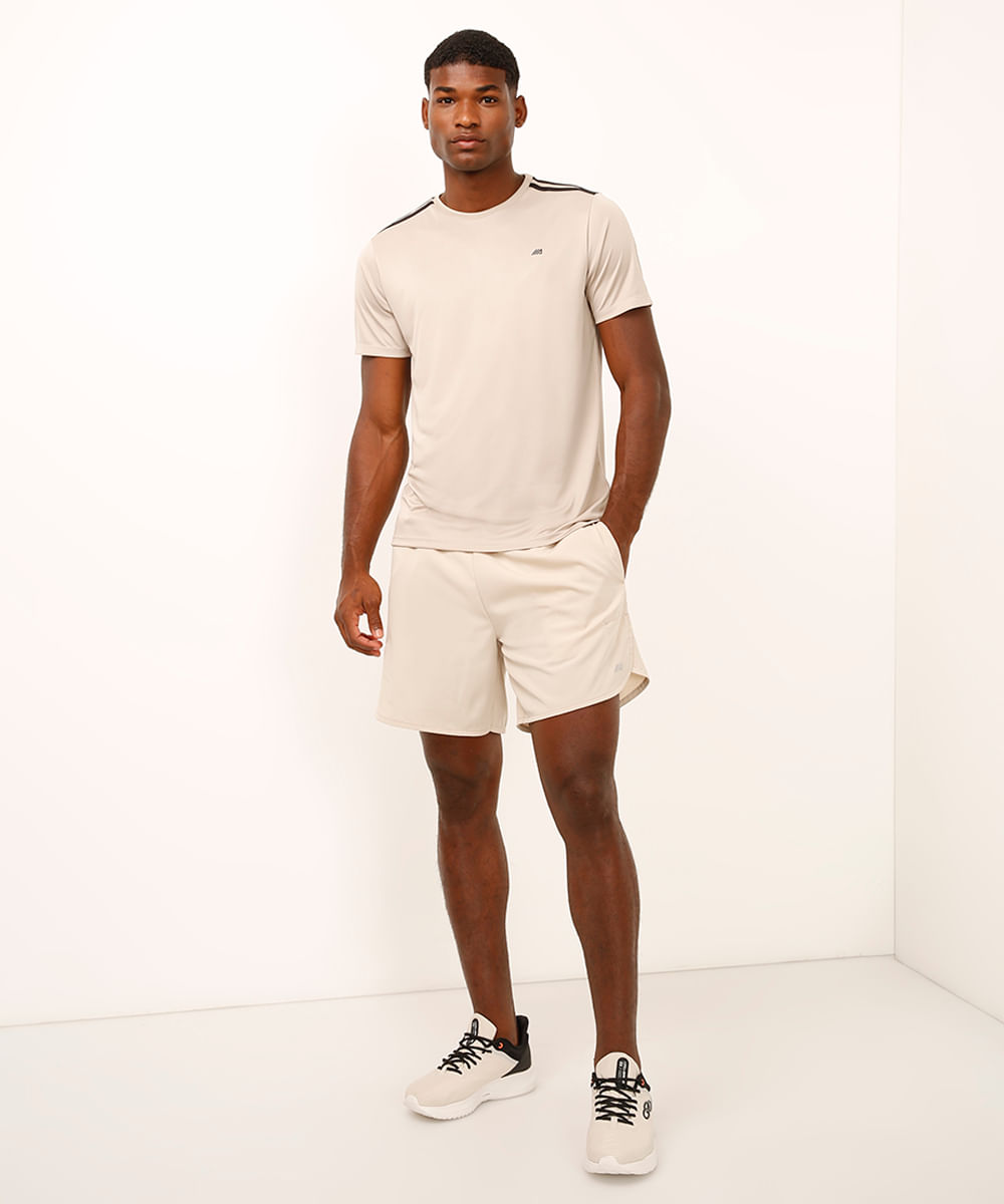 camiseta masculina esportiva com listras bege