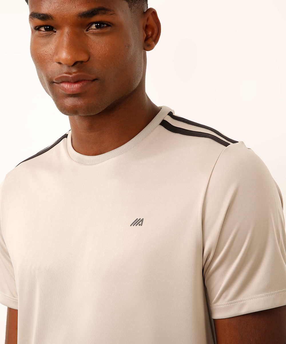 camiseta masculina esportiva com listras bege