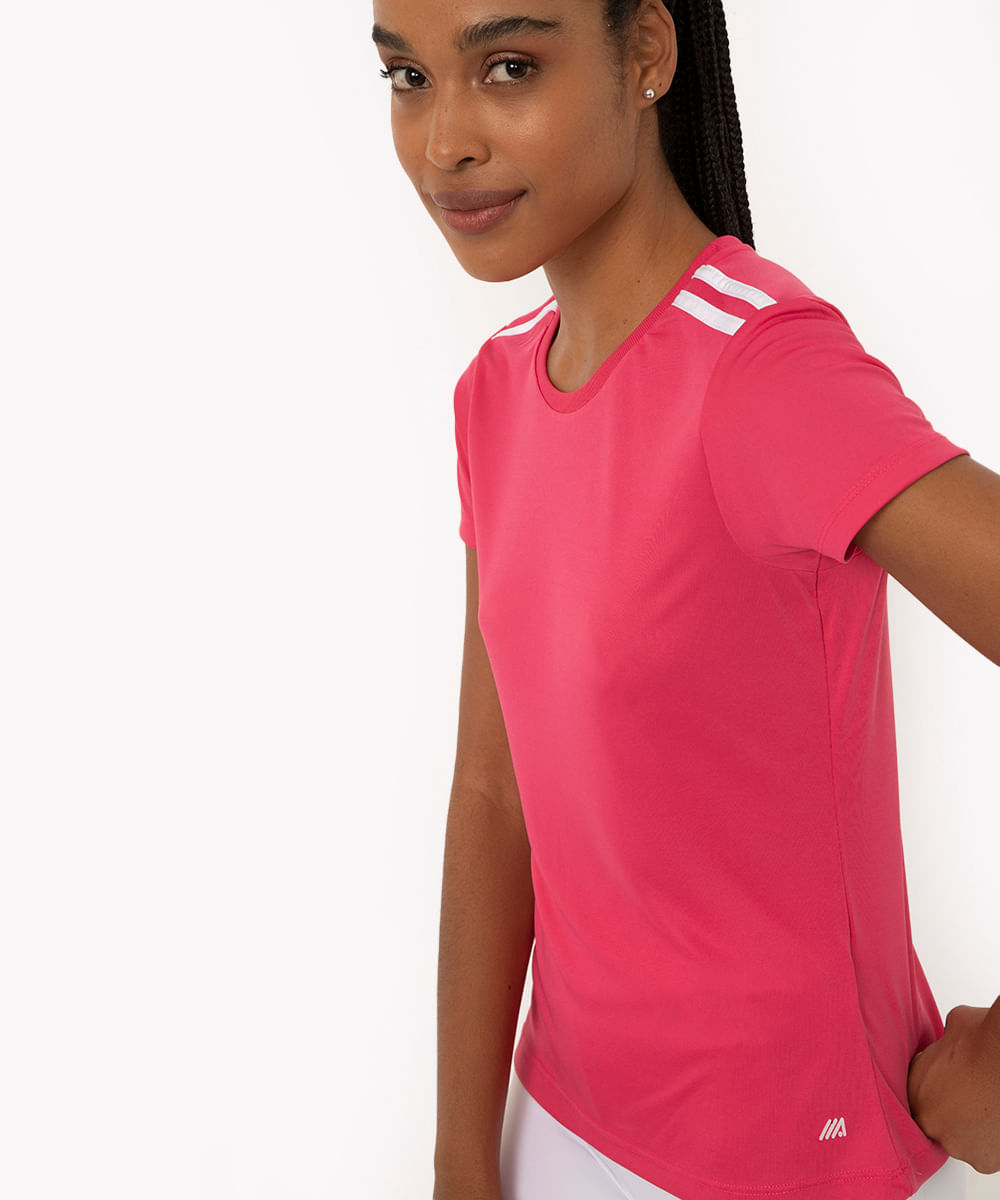 camiseta feminina esportiva ace manga curta com listras rosa