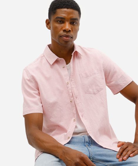 camisa comfort masculina com linho manga curta rosa
