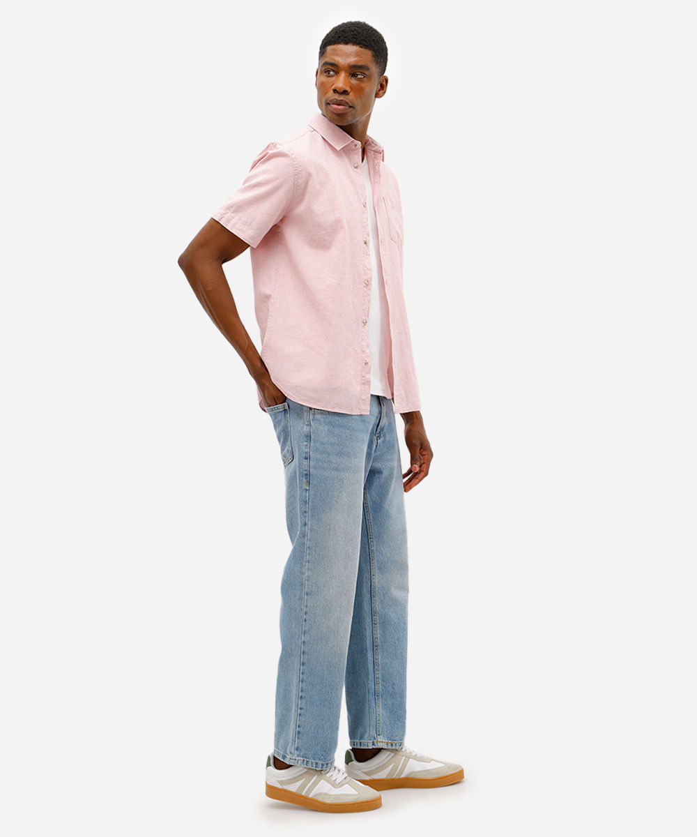 camisa comfort masculina com linho manga curta rosa