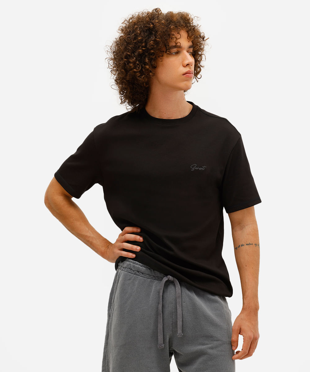 camiseta masculina manga curta sunset preta