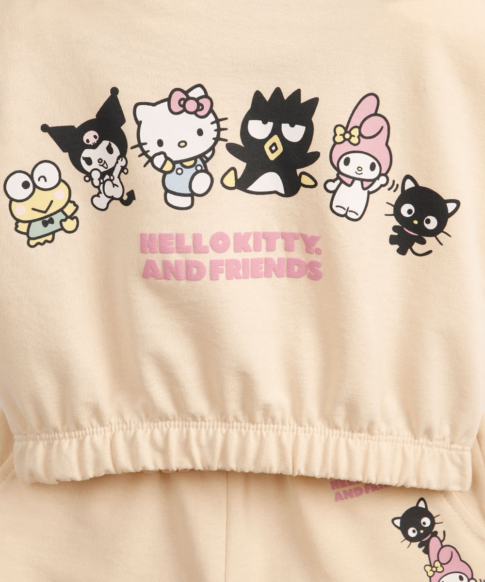 conjunto infantil de moletom sem felpa hello kitty com capuz bege