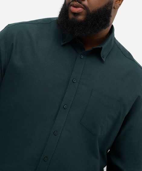 camisa de algodão plus size comfort manga longa branca - verde escuro