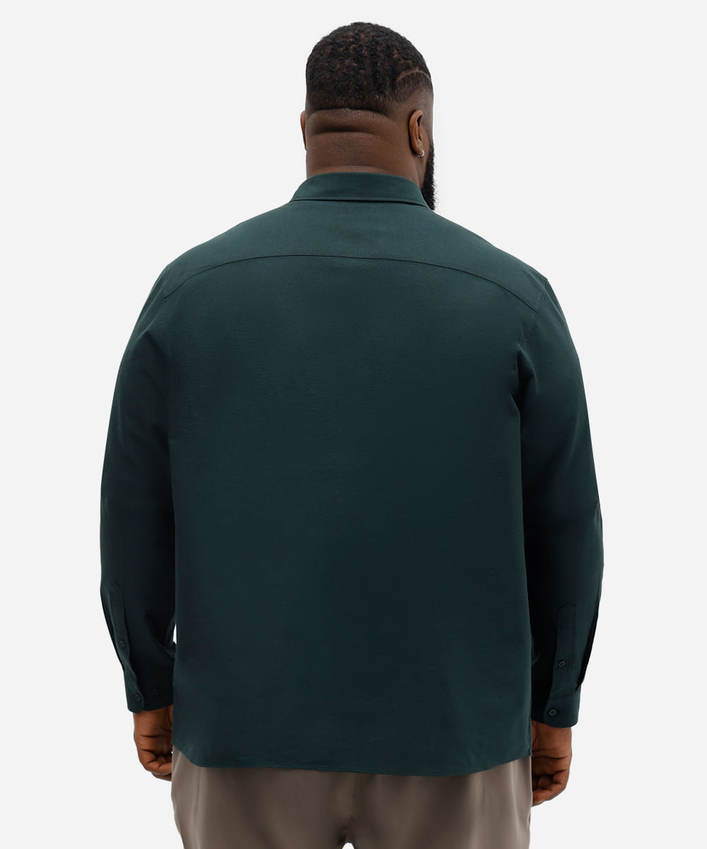 camisa de algodão plus size comfort manga longa branca - verde escuro