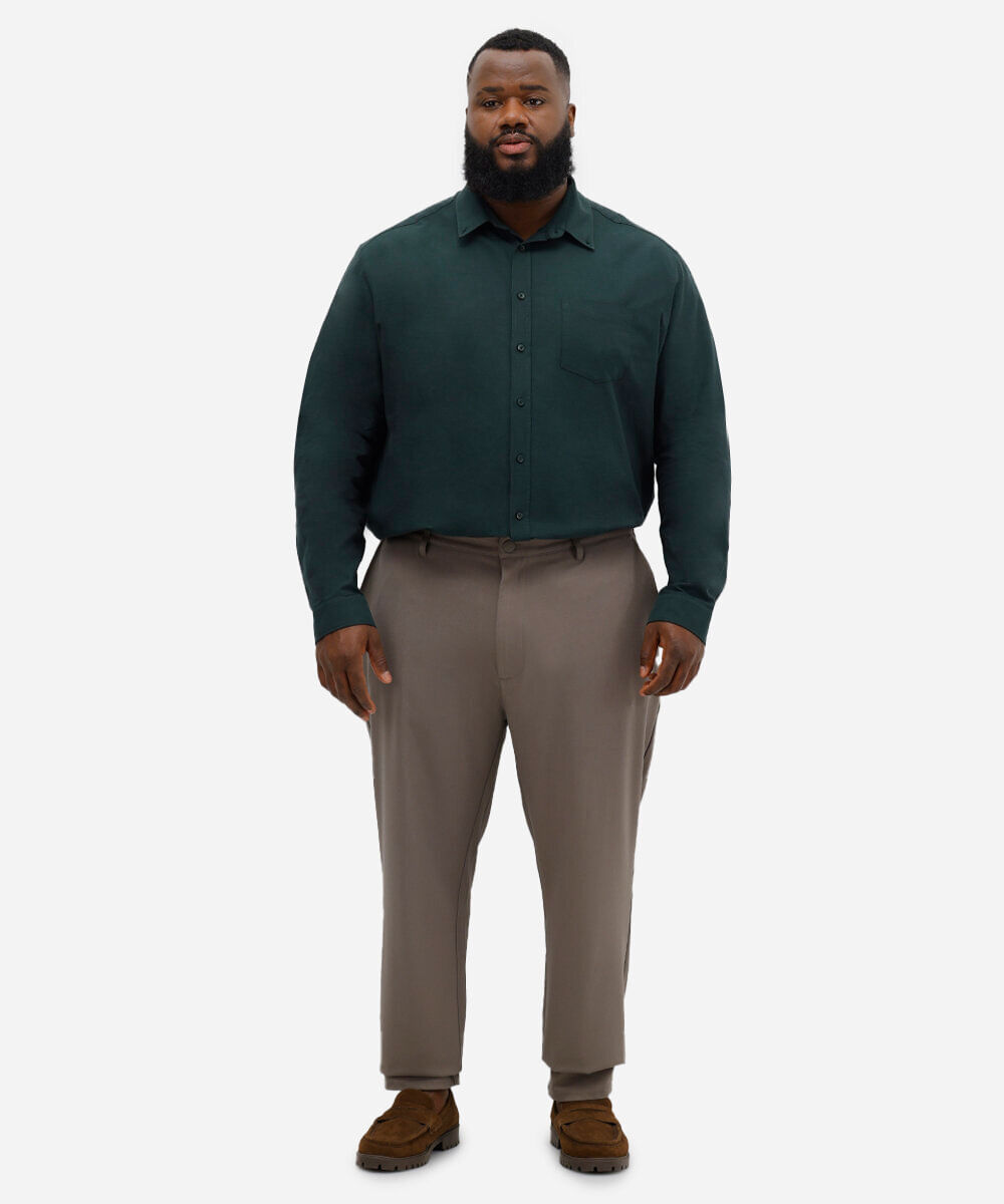 camisa de algodão plus size comfort manga longa branca - verde escuro