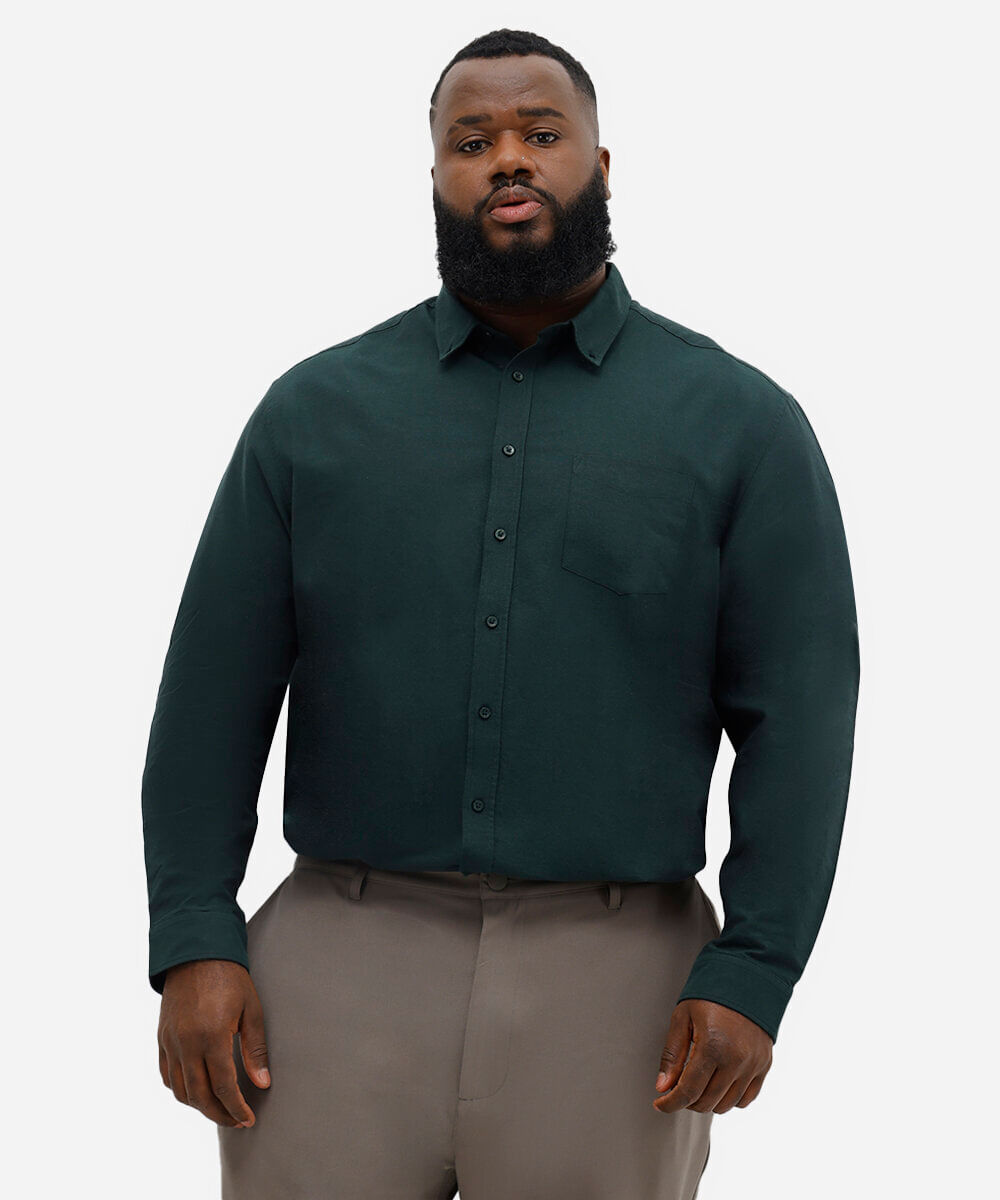 camisa de algodão plus size comfort manga longa branca - verde escuro