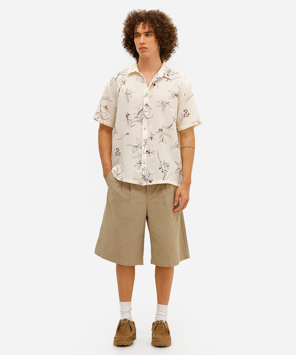 camisa masculina texturizada folhagens off white