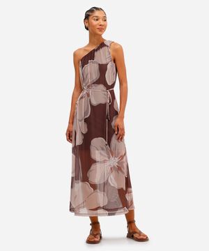 vestido ombro único feminino de tule floral marrom