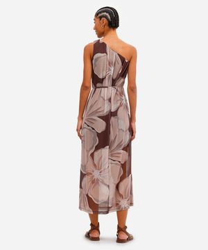 vestido ombro único feminino de tule floral marrom