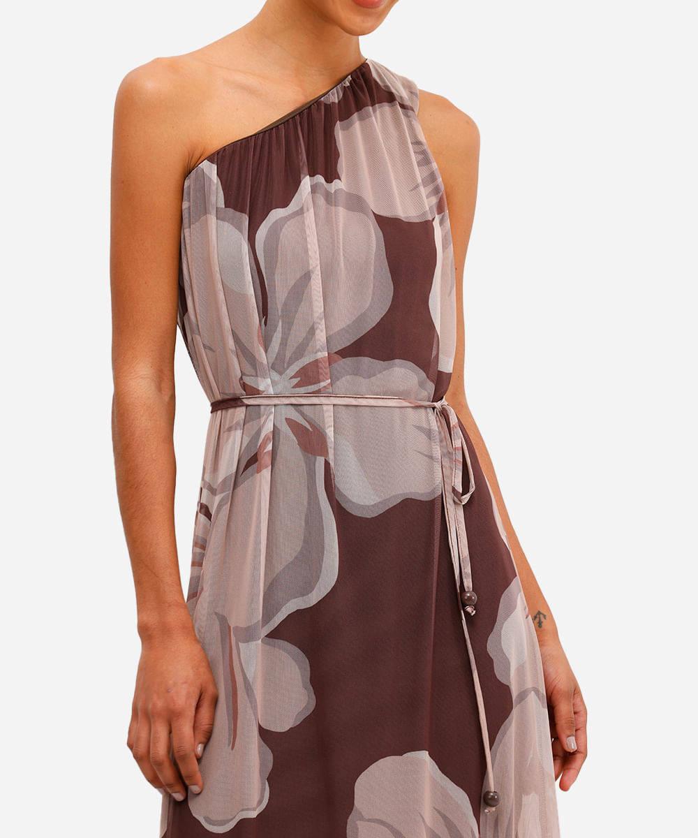 vestido ombro único feminino de tule floral marrom