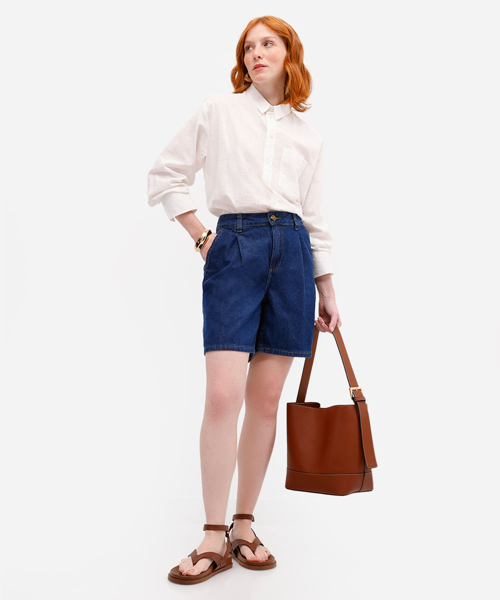 bermuda feminina de alfaiataria jeans cintura alta azul