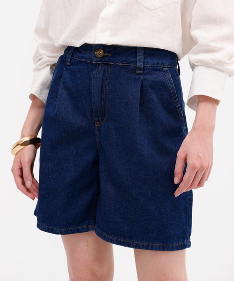 bermuda feminina de alfaiataria jeans cintura alta azul